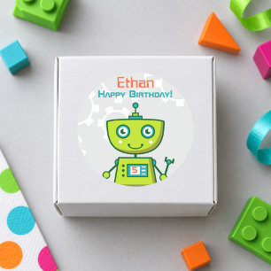 Green Robot Boys Happy Birthday Classic Round Sticker