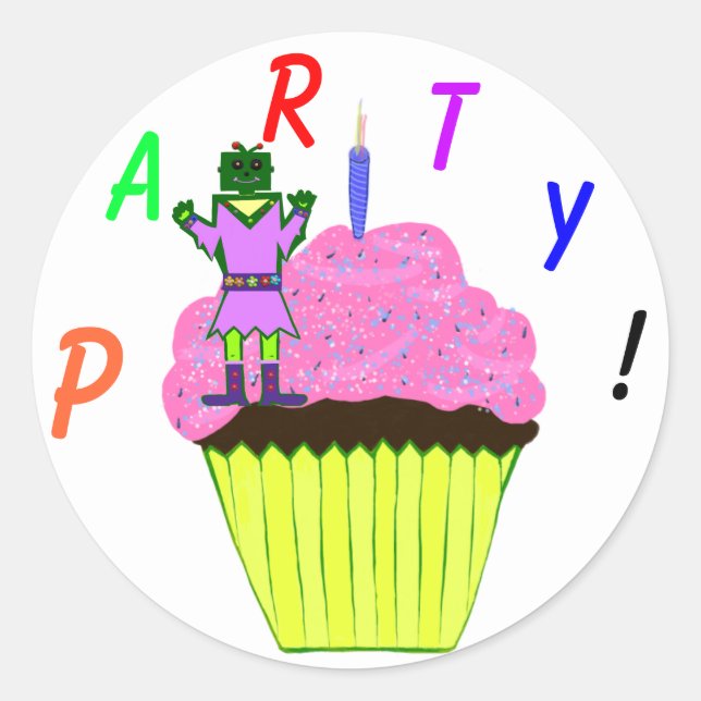 Green Robot Girl and Pink Cupcake Birthday Party Classic Round Sticker (Front)