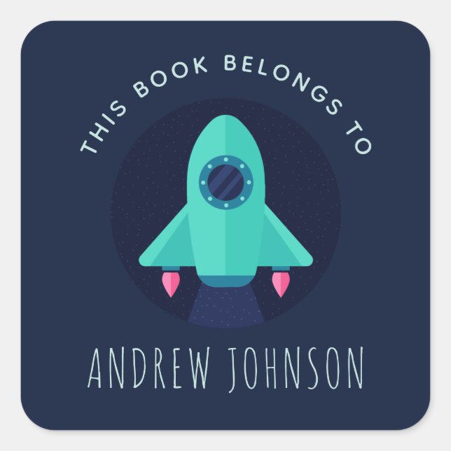 Green Rocket Spaceship Space Theme Boys Bookplate Square Sticker (Front)
