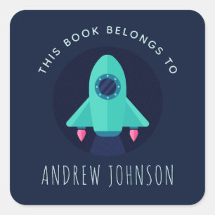 Green Rocket Spaceship Space Theme Boys Bookplate Square Sticker