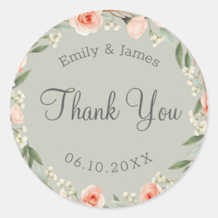 Green, romantic rose wreath classic round sticker