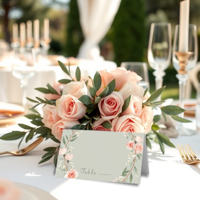 Green, romantic rose wreath Folded Place Card (Creator Uploaded)