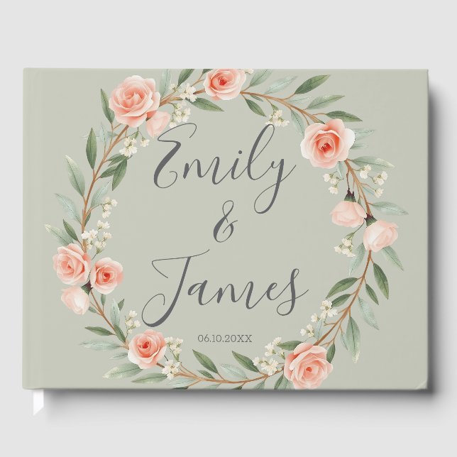 Green, romantic rose wreath guest book (Front)
