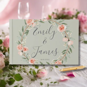 Green, romantic rose wreath guest book