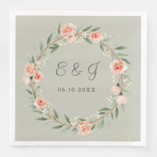 Green, romantic rose wreath napkin