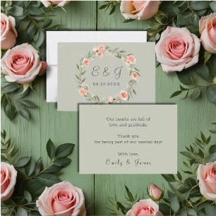 Green, romantic rose wreath  thank you card