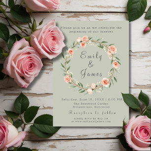Green, romantic rose wreath wedding invitation