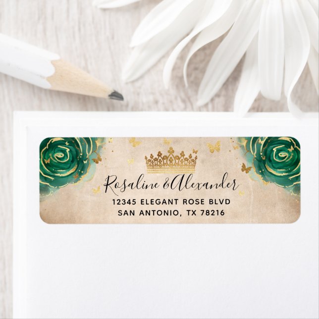 Green Rose and Gold Crown Floral Return Address (Insitu)