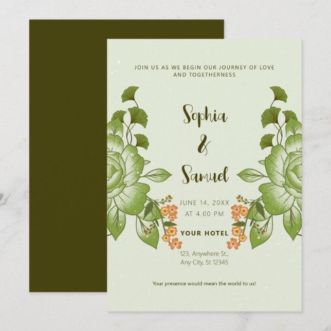 Green Rose Floral Wedding Theme Invitation (Front/Back)