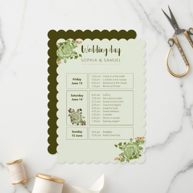 Green Rose Floral Wedding Theme Programme (Front/Back In Situ)