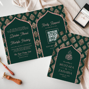 Green Rose Gold Damask Arch QR Code Muslim Wedding Invitation