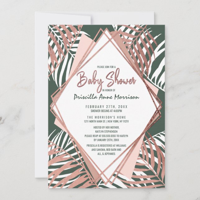 Green Rose Gold Tropical Palm Tree Baby Shower Invitation (Front)