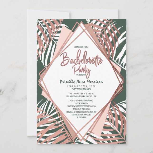 Green Rose Gold Tropical Palm Tree Bachelorette Invitation (Front)