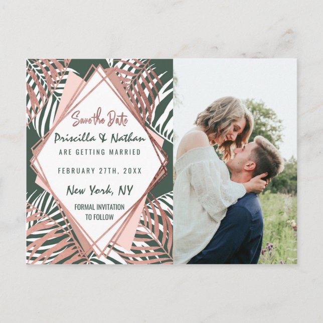 Green Rose Gold Tropical Palm Tree Leaf Save Date Postcard (Front)