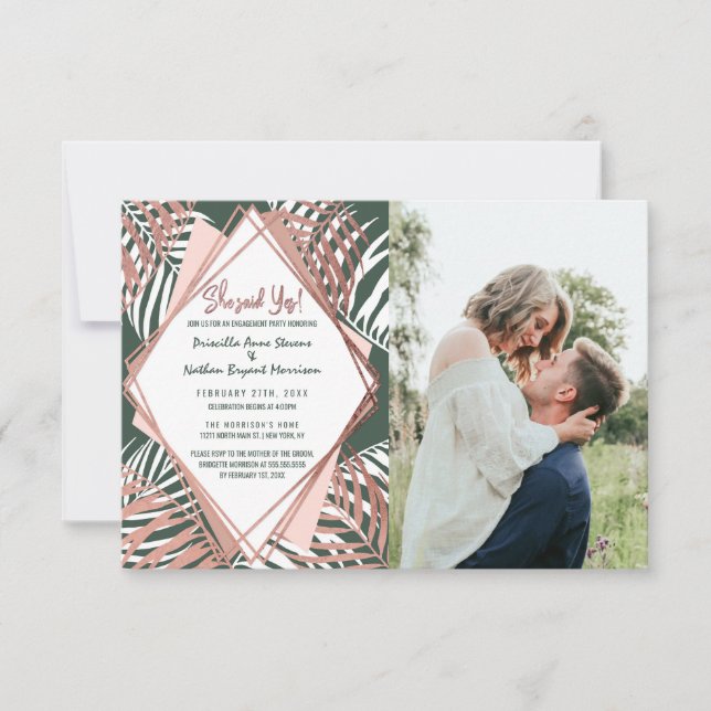 Green Rose Gold Tropical Palm Tree Leaves Wedding Announcement (Front)