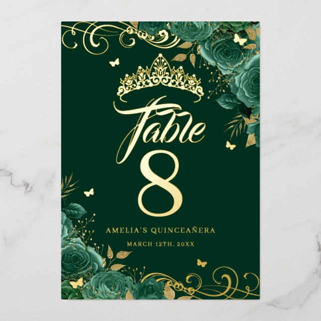 Green Rose Swirl Quinceanera Gold Table Number  (Front)