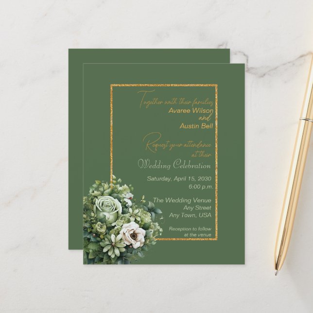 Green Rose White Bouquet BUDGET Wedding Invitation (Front/Back In Situ)