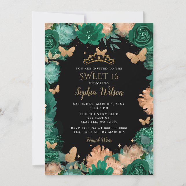 Green Roses Black Gold Butterflies Sweet 16  Invitation (Front)