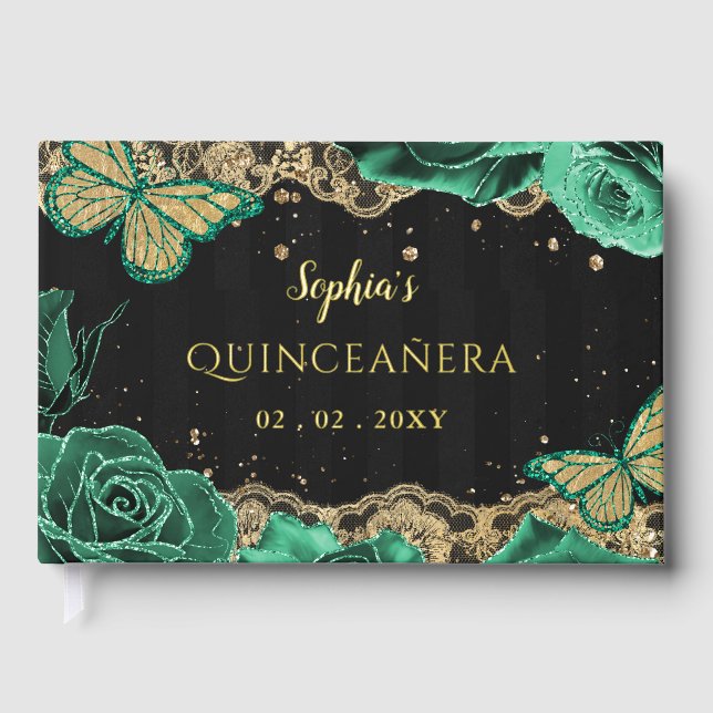 Green Roses Black Gold Lace Butterfly Quinceañera Guest Book (Front)
