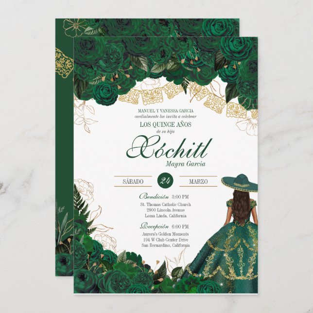 Green Roses Elegant Emerald Charro Quinceanera Inv Invitation (Front/Back)