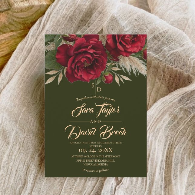 Green & Roses Floral Modern Boho Wedding  Invitation (Creator Uploaded)