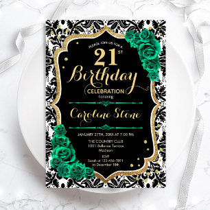 Green Roses Gold Black Damask 21st Birthday Invitation