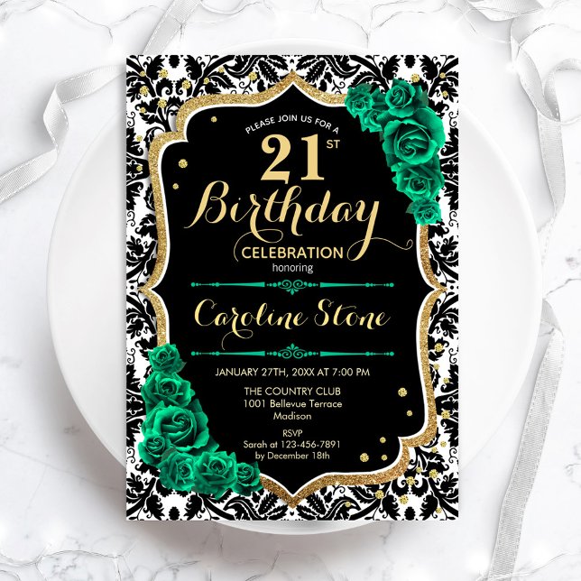Green Roses Gold Black Damask 21st Birthday Invitation (Creator Uploaded)