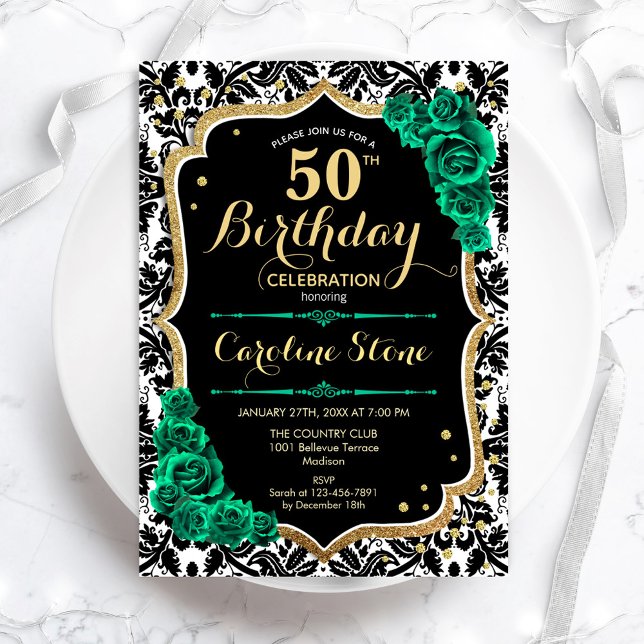 Green Roses Gold Black Damask 50th Birthday Invitation (Creator Uploaded)