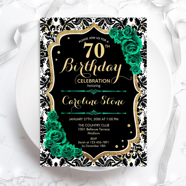 Green Roses Gold Black Damask 70th Birthday Invitation (Creator Uploaded)