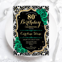 Green Roses Gold Black Damask 80th Birthday