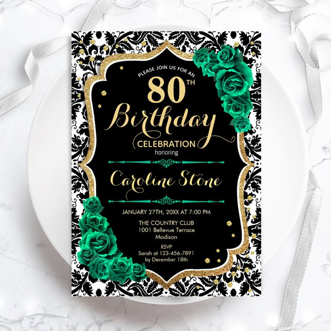 Green Roses Gold Black Damask 80th Birthday Invitation (Creator Uploaded)
