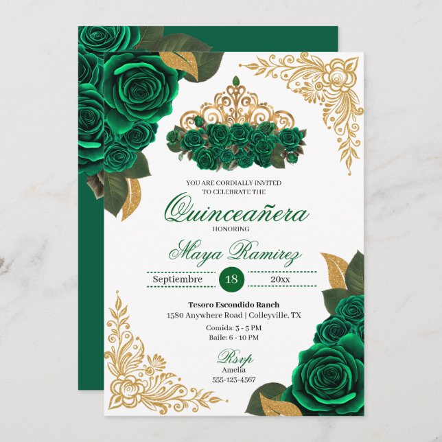 Green Roses Gold Glitter Frames Tiara Quinceañera  Invitation (Front/Back)