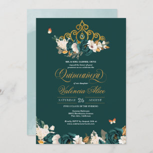 Green Roses Gold Tiara Butterflies Quinceanera Invitation