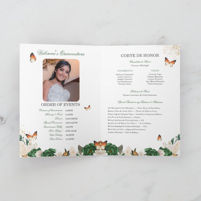 Green Roses Gold Tiara Butterfly Quinceanera Programme (Inside)