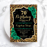 Green Roses Leopard Print 70th Birthday Invitation<br><div class="desc">70th Birthday Party Invitation. Elegant floral emerald green design with faux glitter gold and roses. Features leopard cheetah animal print and script font. Perfect for a stylish womens bday celebration. Can be customized for any age! Printed Zazzle invitations or instant download digital printable template.</div>