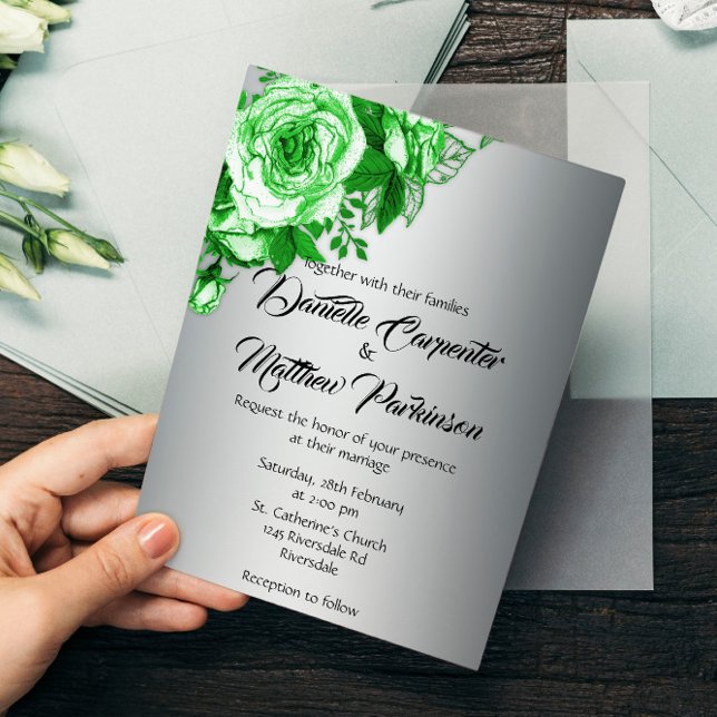 Green Roses on Silver Wedding Invitation (Creator Uploaded)