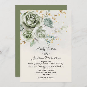 Green Roses Peonies Elegant Gold Glitter Wedding Invitation
