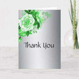 Green Roses Romance Elegant Silver Wedding Thank You Card
