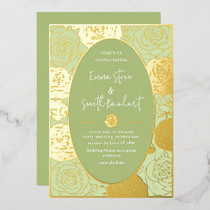 Green Roses Wedding Foil Invitation