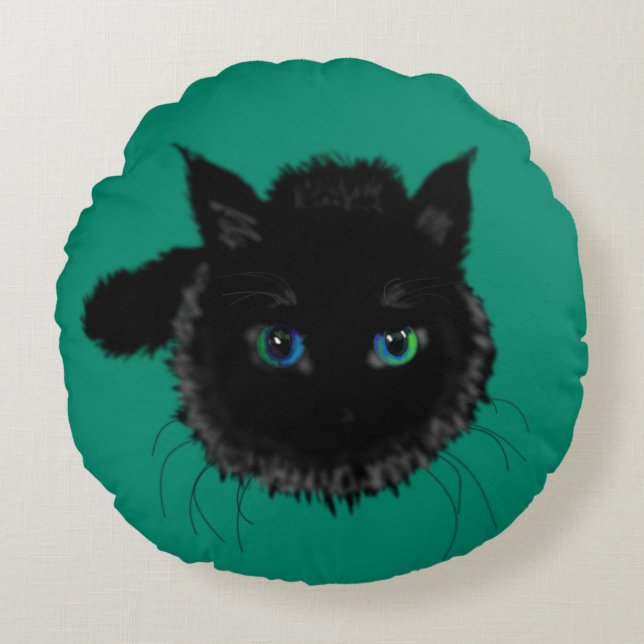 Green Round Pillow with Black Cat or Choose Colour (Front)