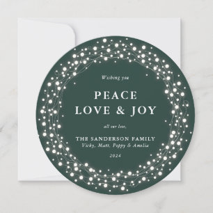 Green Round Sparkling Lights Peace Love + Joy Holiday Card