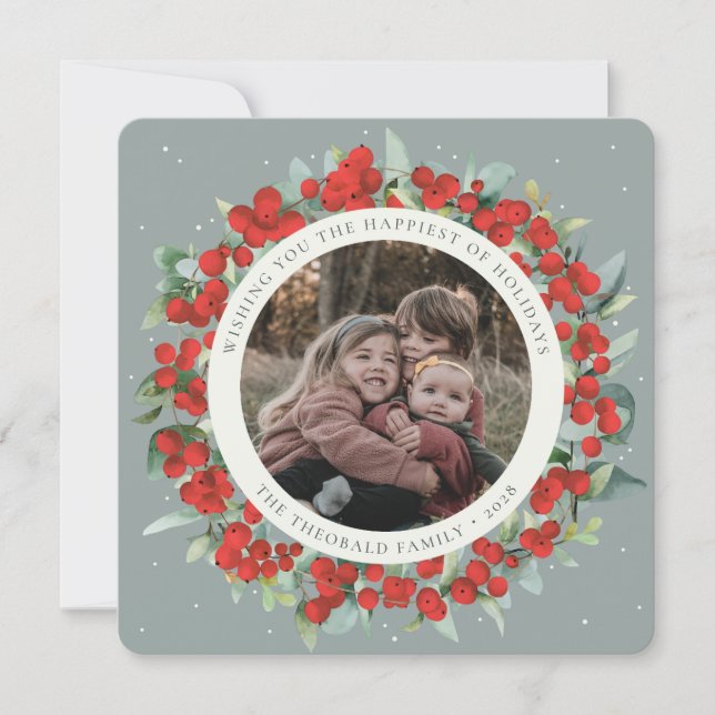 Green Round/Square Red Berries+Eucalyptus Photo Holiday Card (Front)