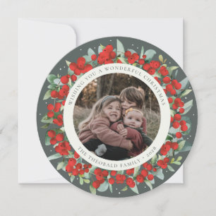 Green Round/Square Red Berries+Eucalyptus Photo Holiday Card
