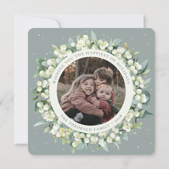 Green Round/Square Snowberry+Eucalyptus Photo Holiday Card (Front)
