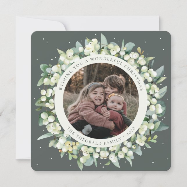 Green Round/Square Snowberry+Eucalyptus Photo Holiday Card (Front)