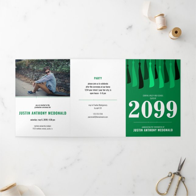 Green Row of Tassels 3-Photo Graduation Tri-Fold Invitation (Outside)