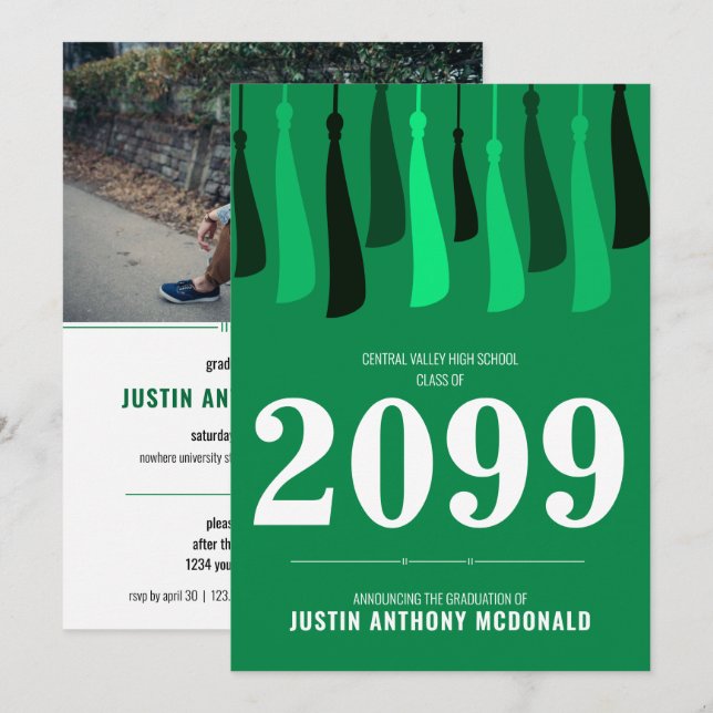 Green Row of Tassels Photo Graduation Invitation (Front/Back)