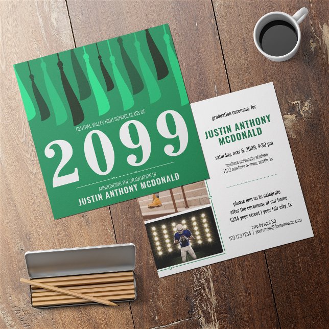 Green Row of Tassels Two-Photo Graduation Invitation (Creator Uploaded)