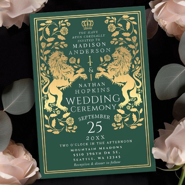 Green Royal Lion Mediaeval Gold Wedding Invitation (Creator Uploaded)