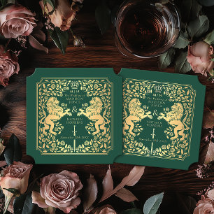Green Royal Lion Mediaeval Sword Wedding Ticket Paper Coaster